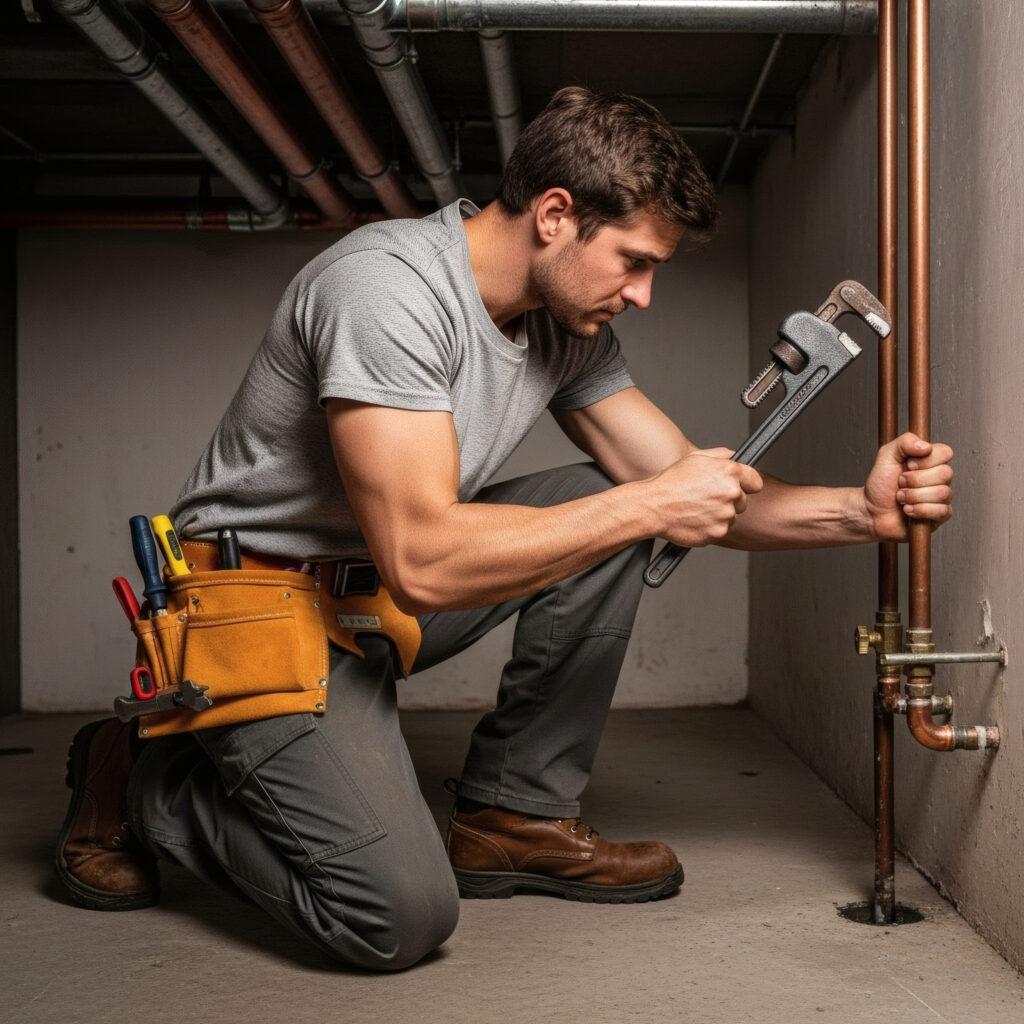 concentrated male plumber using a wrench on a complex pipe installation.