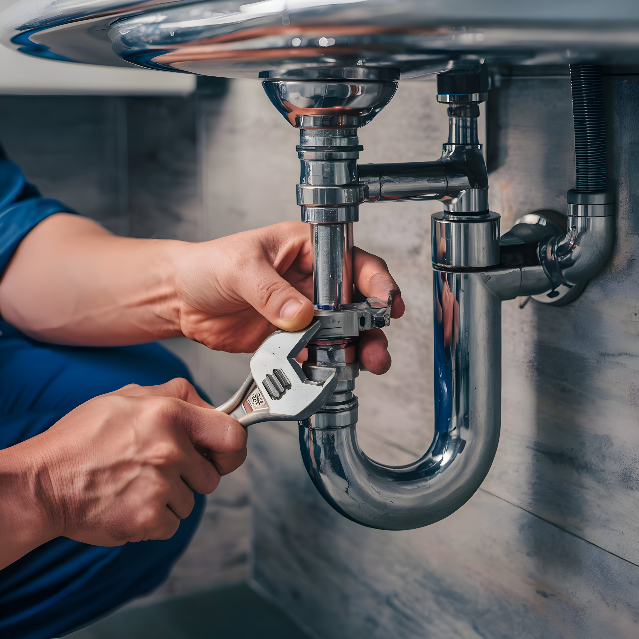 a male plumber's hand repairing a leaking sink pipe with an adjustable wrench